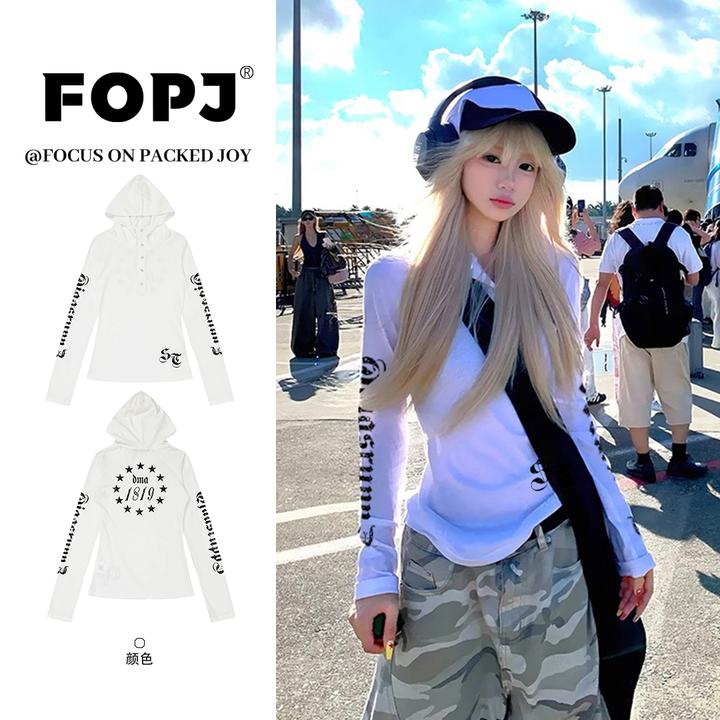 FOPJ美式夏季设计感长袖防晒女修身纯欲风辣妹显瘦百搭连帽上衣潮