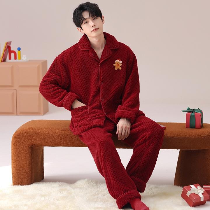 芬腾可安睡衣男款珊瑚绒2025新款加绒加厚冬季大码保暖红色家居服