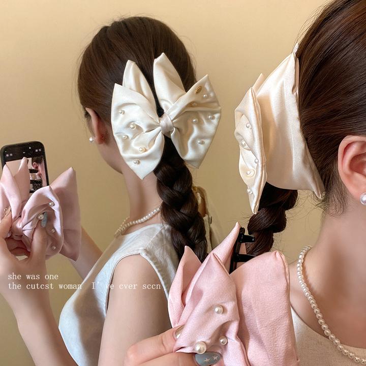 法式蝴蝶结珍珠抓夹女生甜美温柔公主头发夹后脑勺盘发鲨鱼夹发饰