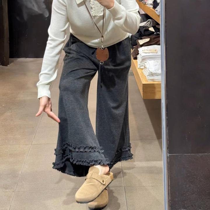 深灰色花边糯米阔腿裤女秋季新款高腰宽松显瘦小个子巨好看的裤子