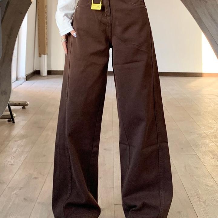 大码美式复古咖色高腰阔腿牛仔裤女2025早春新款美拉德宽松直筒裤