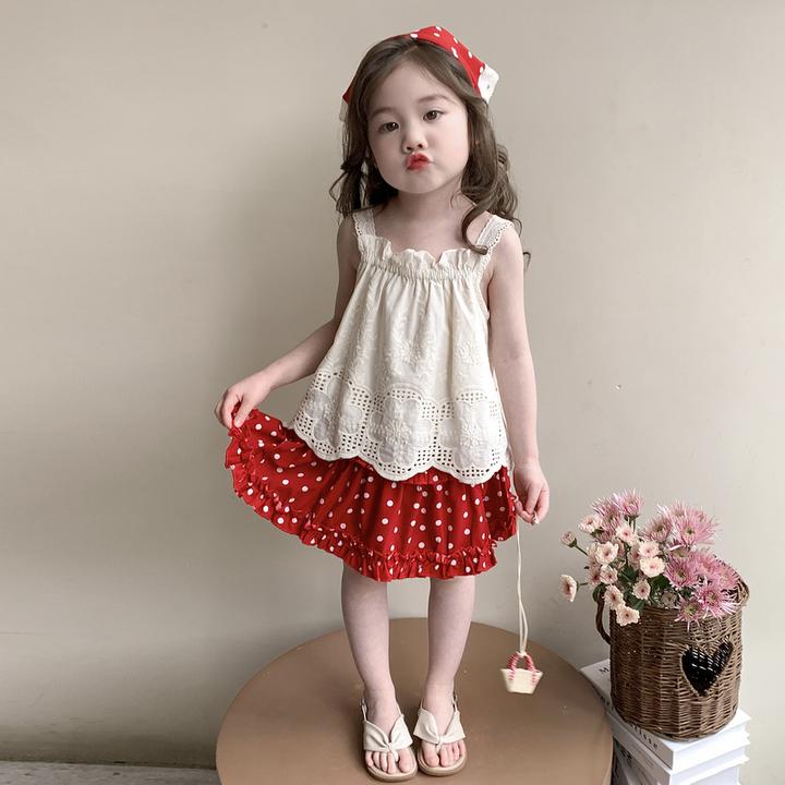 女童夏季套装小红帽采蘑菇可爱钩花刺绣背心波点春装裙裤三件套