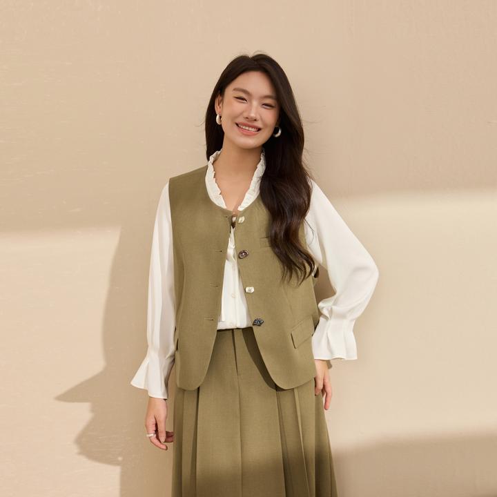 【暮野暖调】纤莉秀W大码女装流光风学院风圆领叠穿外搭马甲QK4270