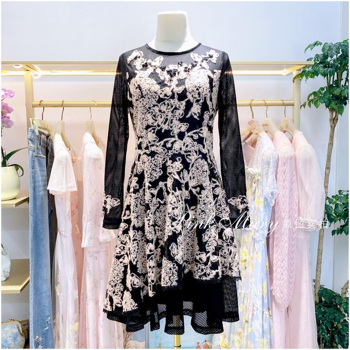 Pink Mary粉红玛琍粉橙色圆领长袖连衣裙子女时尚甜美PMAGW553620