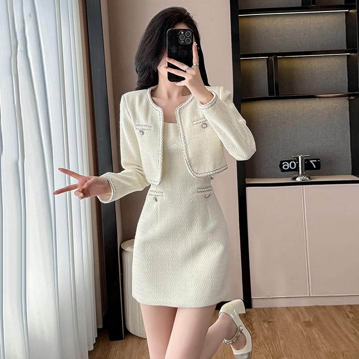 小香风时尚套装女秋装2025秋季新款吊带连衣裙长袖短款外套两件套