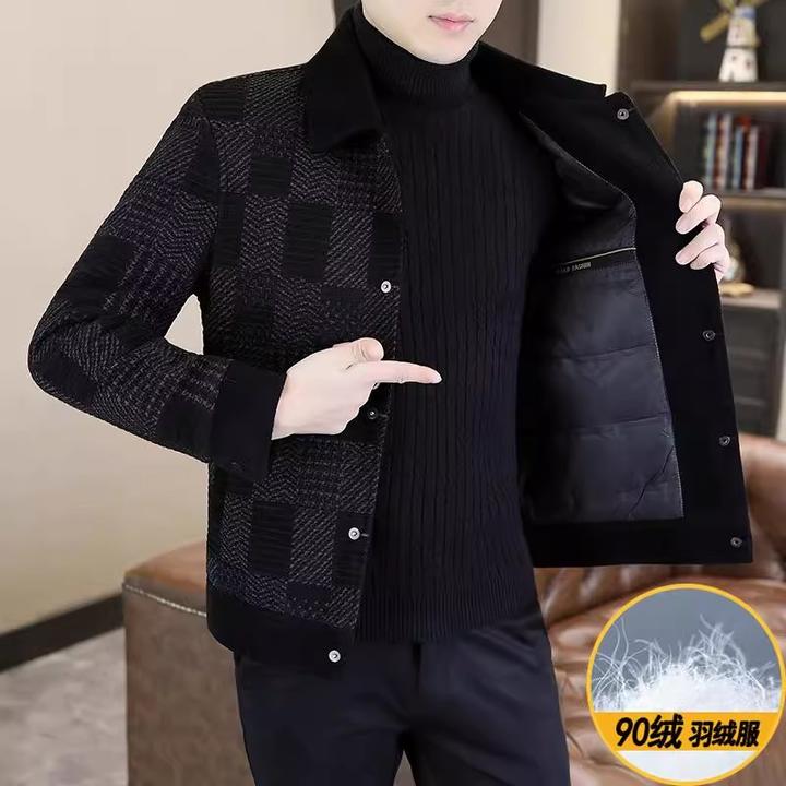 CQV男士冬季毛呢夹克高档帅气加厚格子白鸭绒外套短款保暖羽绒服