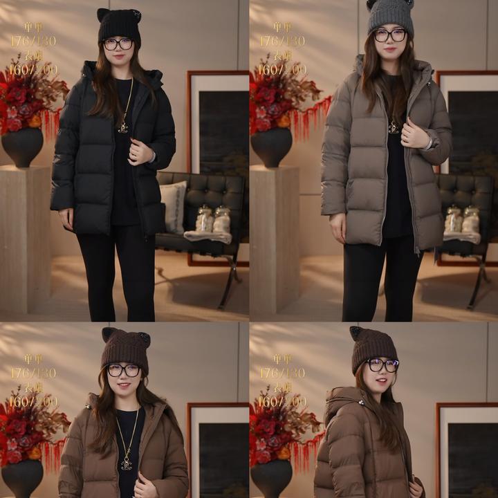 【花满林】三色连帽连帽填充物鸭绒中长款羽绒服75820