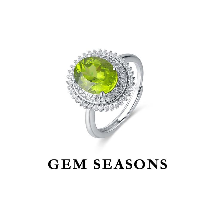 GEM SEASONS天然橄榄石戒指 简约时尚轻奢经典椭圆形绿色宝石银戒
