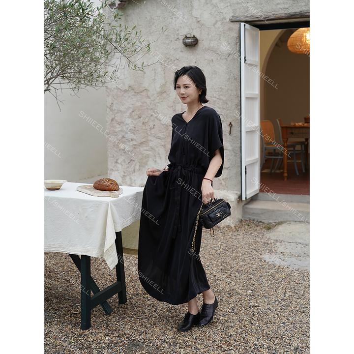 SHIIEELL纸片人凉感缎面宽松V领夏老钱松弛感女装大摆连身裙Z800Y