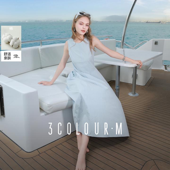 三彩2025夏季新款无袖连衣裙收腰花苞裙长裙圆领背心裙侘寂风女M