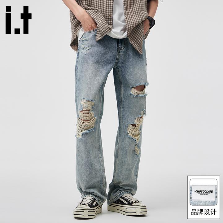 it :CHOCOOLATE美式复古牛仔裤男2025秋季新款破洞直筒宽松长裤子