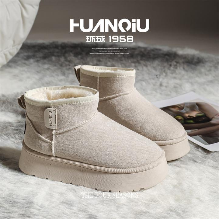 环球防滑雪地靴女2025冬季新款情侣加绒加厚保暖棉鞋百搭厚底短靴