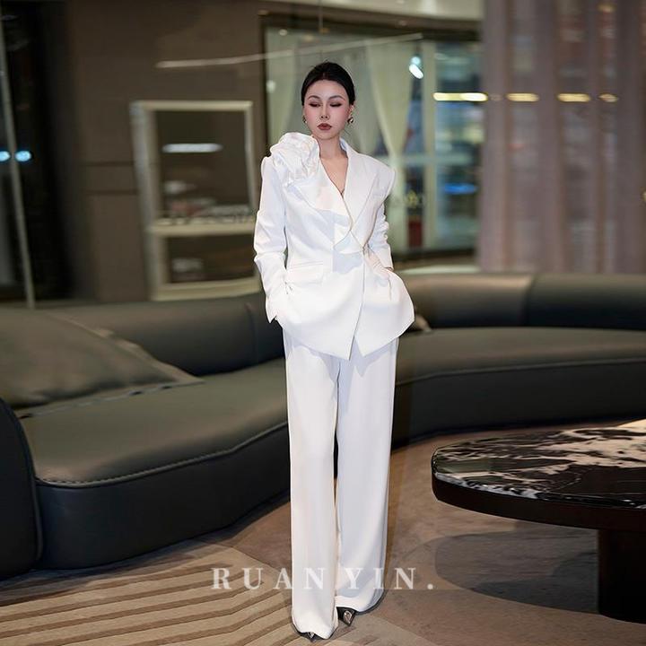 阮音春季高定大花朵优雅西装御姐职业套装女气质减龄阔腿裤两件套