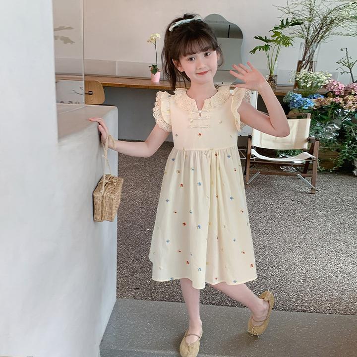 童装女童新中式绣花连衣裙夏季新款儿童蕾丝边女孩小飞袖背心裙子