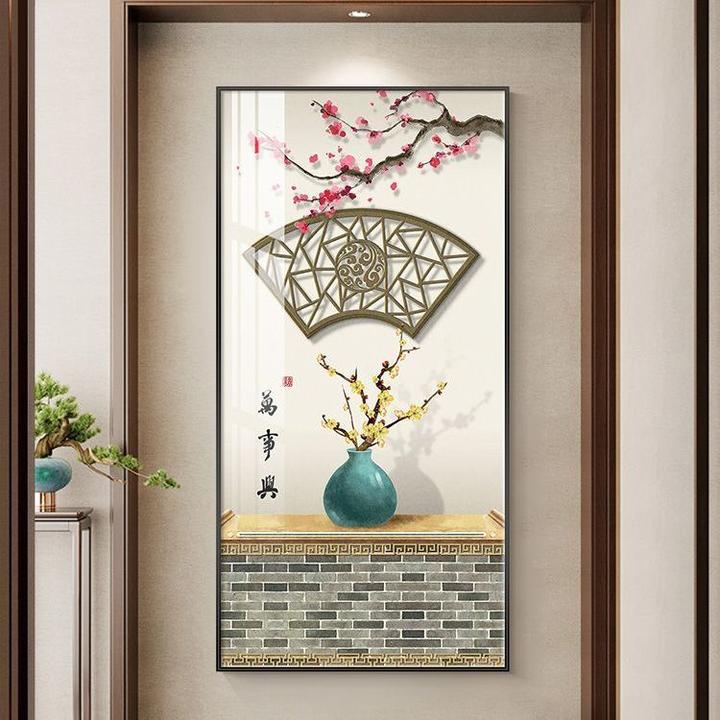 新中式玄关装饰画大气轻奢走廊过道挂画寓意好入户正对面竖版壁画