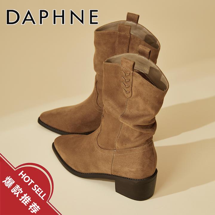 达芙妮琥珀流光短靴女款千层堆堆靴2025冬季加绒尖头不累脚中筒靴