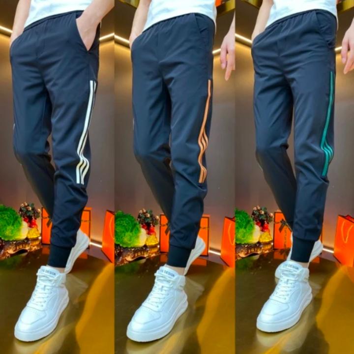 夏季新款男条纹小脚休闲裤束脚修身九分裤弹力哈伦裤