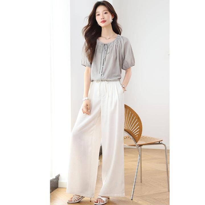 亚麻套装女夏季2025设计感洋气休闲短袖衬衫阔腿裤显瘦两件套