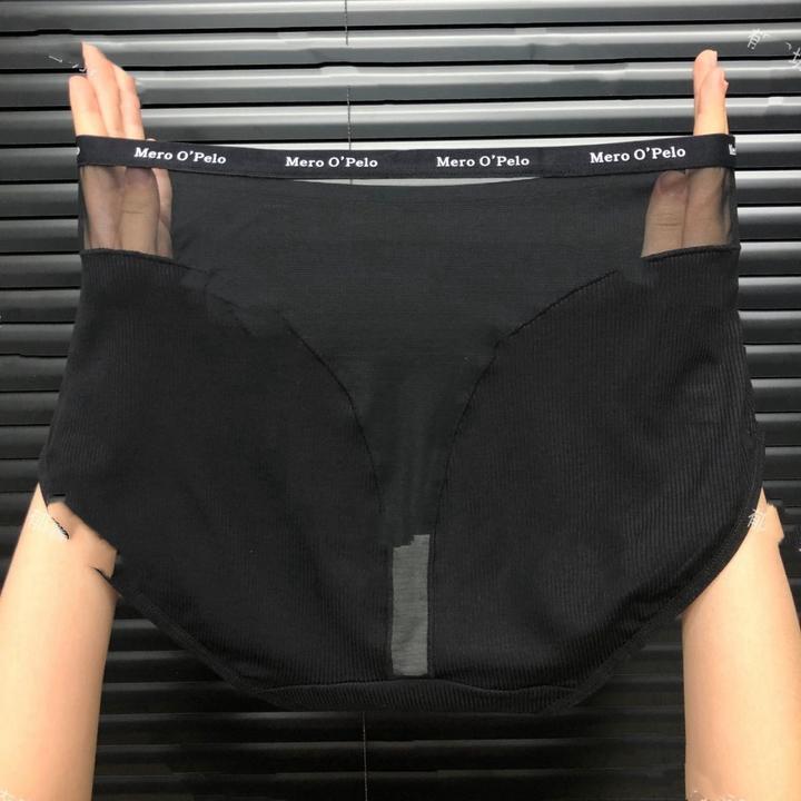 女士中腰字母三角内裤爆款收腹提臀舒适美体裤螺纹棉拼接网纱大码