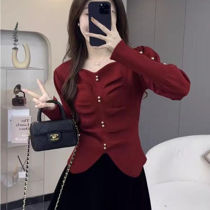 方领褶皱毛衣打底衫女秋冬高级感别致漂亮洋气时尚内搭针织衫上衣