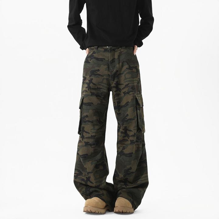 美式褶皱迷彩多口袋工装休闲裤男生宽松直筒秋季水洗复古高级长裤