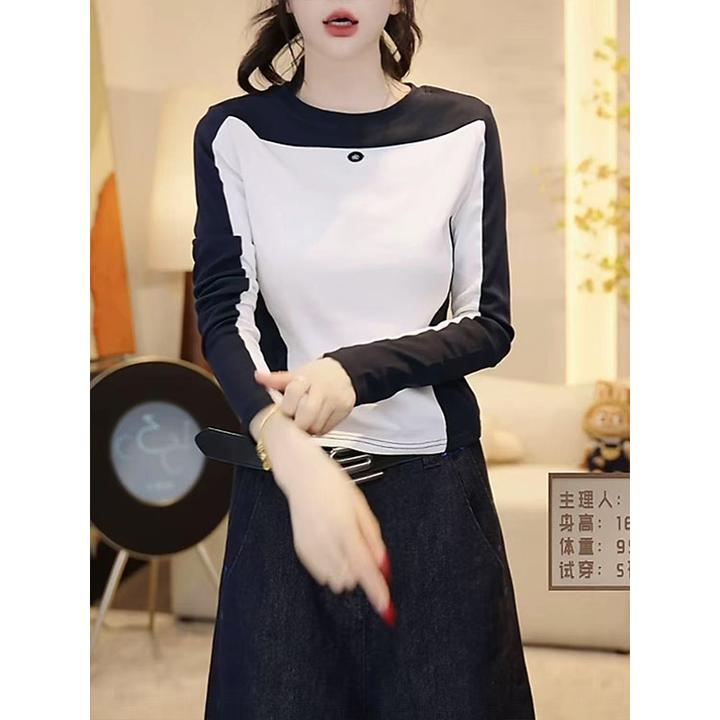 设计感拼色长袖T恤女2026春秋新款韩版小众修身显瘦正肩打底上衣