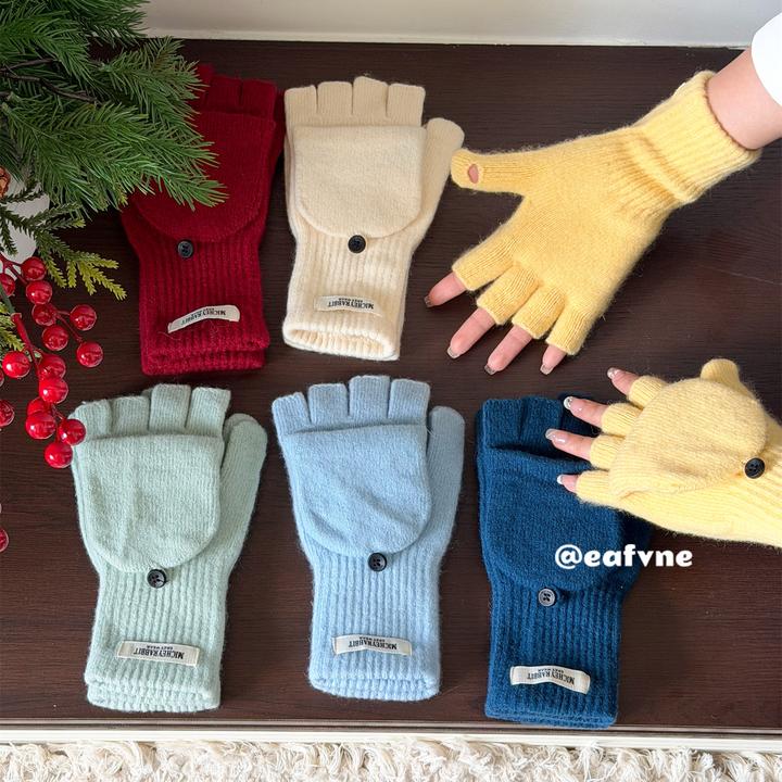 掌间的魔法含羊毛加厚露半指翻盖针织手套女秋冬保暖学生骑行触屏