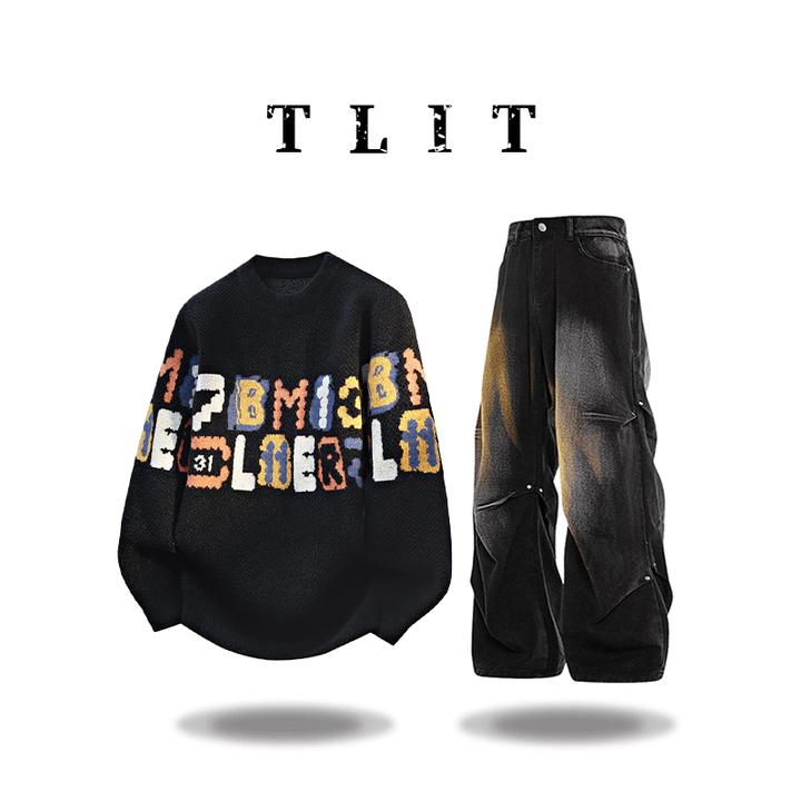 【品牌现货】TLIT字母休闲毛衣套装男款秋冬季加绒高级感牛仔长裤
