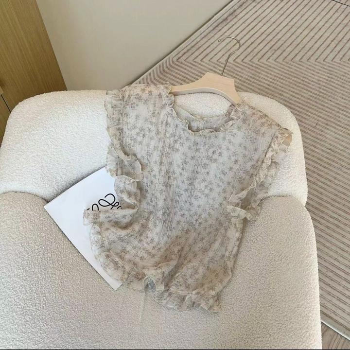 欧货夏季高端轻奢洋气显瘦时尚飞飞袖衬衫女单排扣碎花设计感上衣