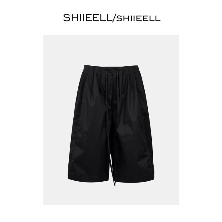 SHIIEELL黑色松紧腰裤子夏季新款时尚高腰设计款薄款休闲裤Z818S