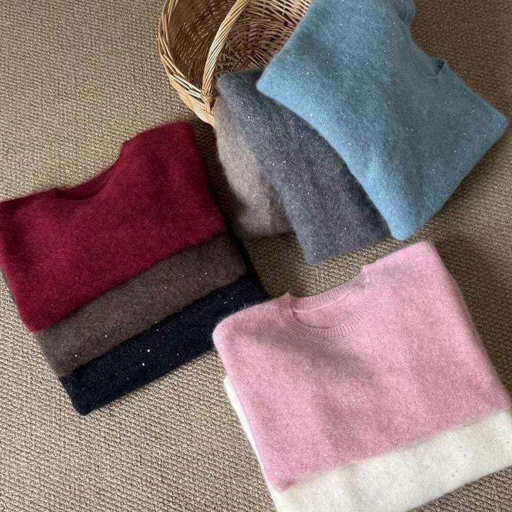 秋冬加厚保暖羊毛衫气质拉毛圆领打底衫轻奢百搭拉绒亮片外穿毛衣