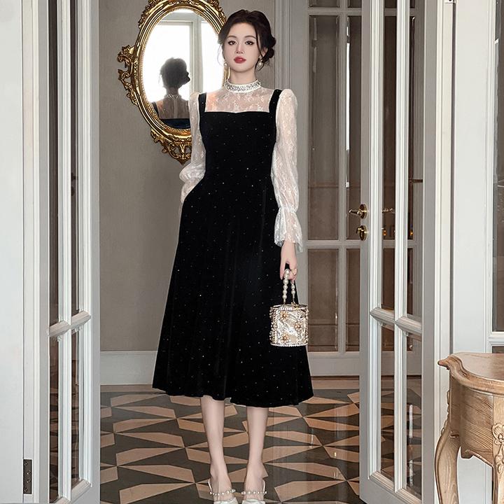 秋冬显瘦气质长袖洋气时尚法式新款黑色修身百搭女装连衣裙9950