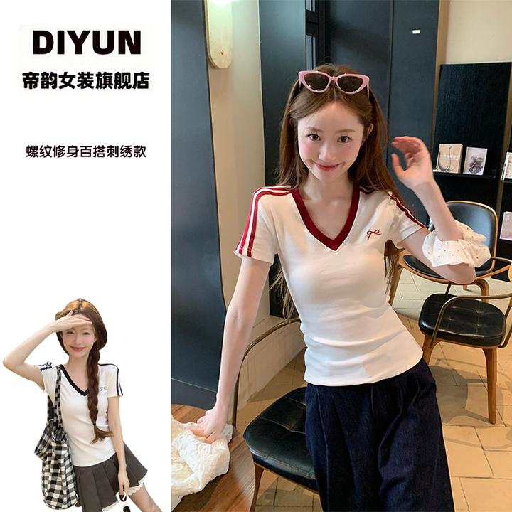 【帝韵】甜辣正肩V领短袖t恤女条纹拼接蝴蝶结修身撞色辣妹短款上衣