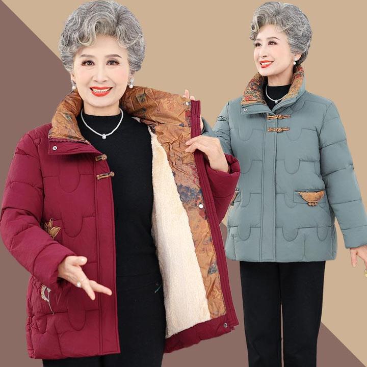 皮尔卡丹中老年人女冬棉衣奶奶立领盘扣绣花加绒保暖棉服老人衣服