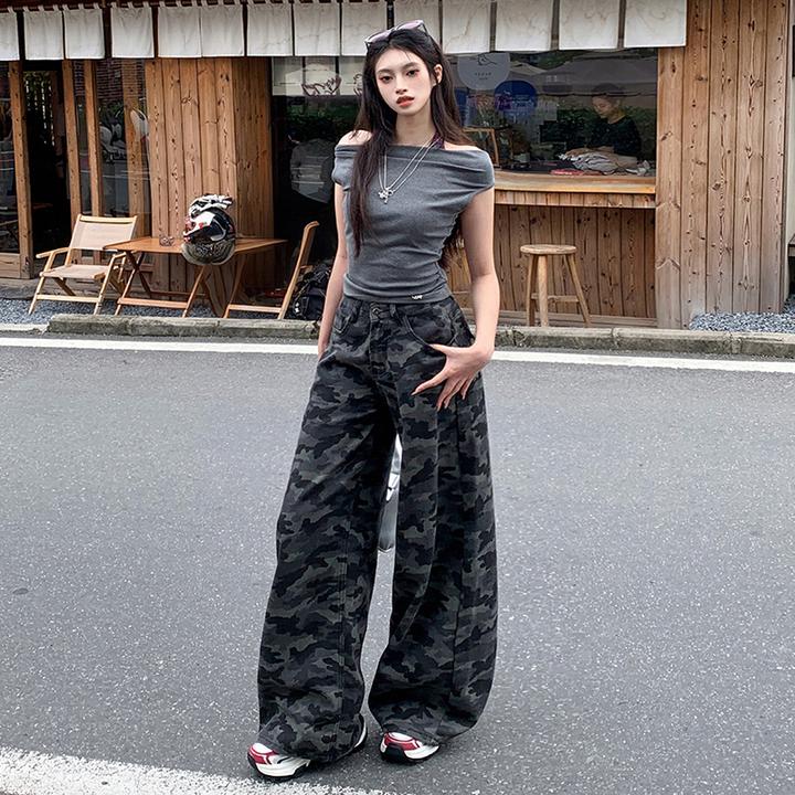 2025美式微喇迷彩工装牛仔裤春季新款高腰宽松阔腿拖地裤