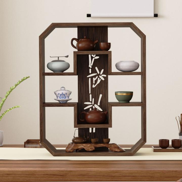 实木桌面博古架小型置物架茶室茶具收纳架展示架茶杯架茶壶多宝阁