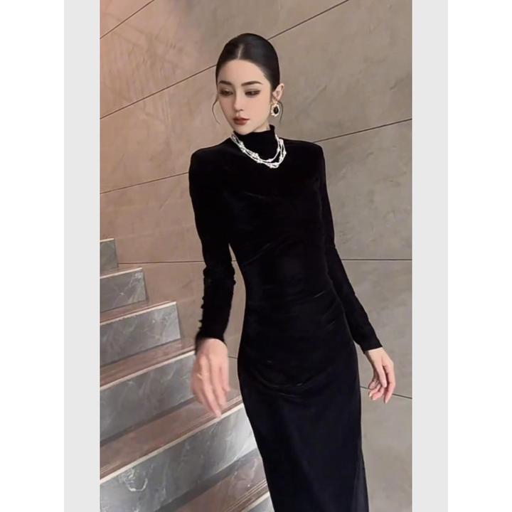 裙子秋冬款法式气质显瘦出席重要场合的长袖宴会黑色丝绒连衣裙