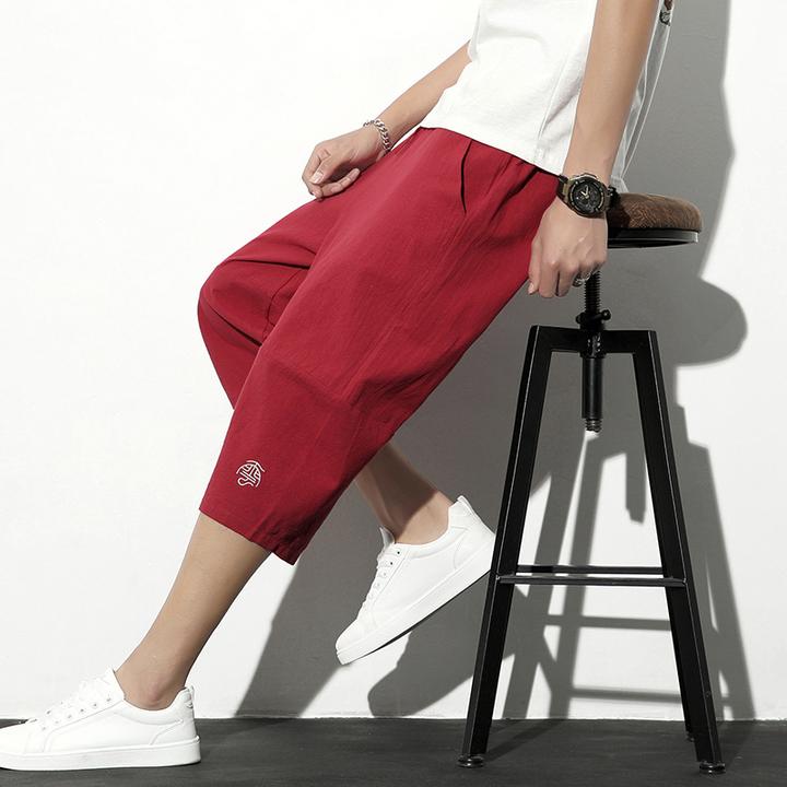 新中式红色棉麻七分裤男休闲直筒哈伦裤复古刺绣宽松外穿沙滩短裤