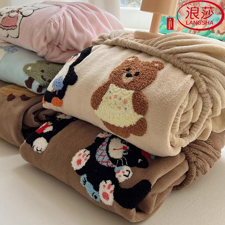 浪莎韩式ins毛巾绣牛奶绒床笠保暖珊瑚绒床罩床垫保护套三件套冬