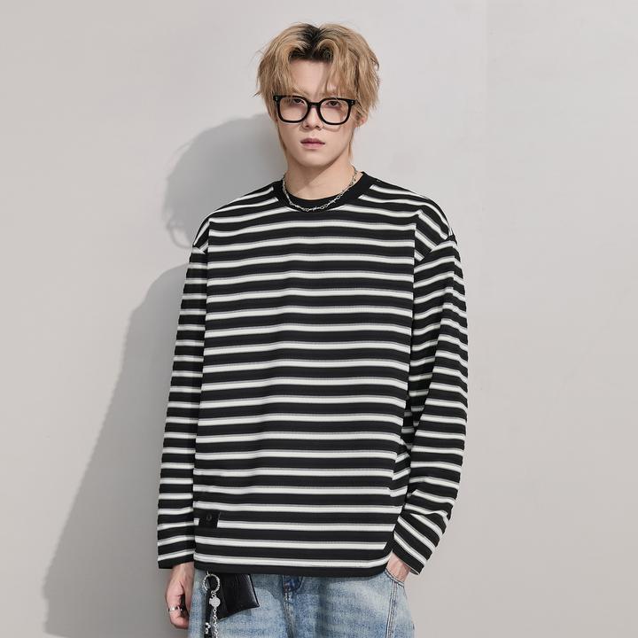 黑白条纹长袖T恤男痞帅秋季落肩袖宽松百搭打底衫情侣重磅上衣