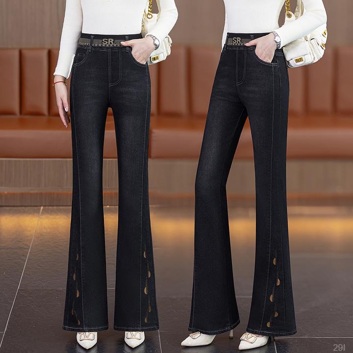 松紧腰小个子大码微喇牛仔裤女2025秋季新款高腰显瘦刺绣喇叭裤
