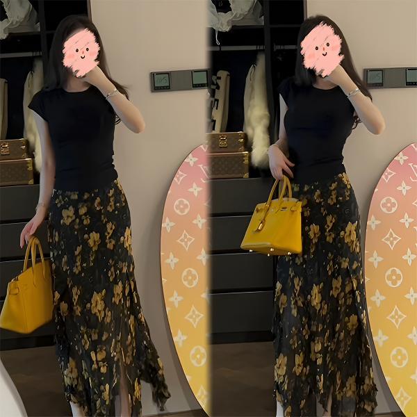 女士时尚通勤百搭高级感开叉气质复古碎花半身裙+修身背心短袖