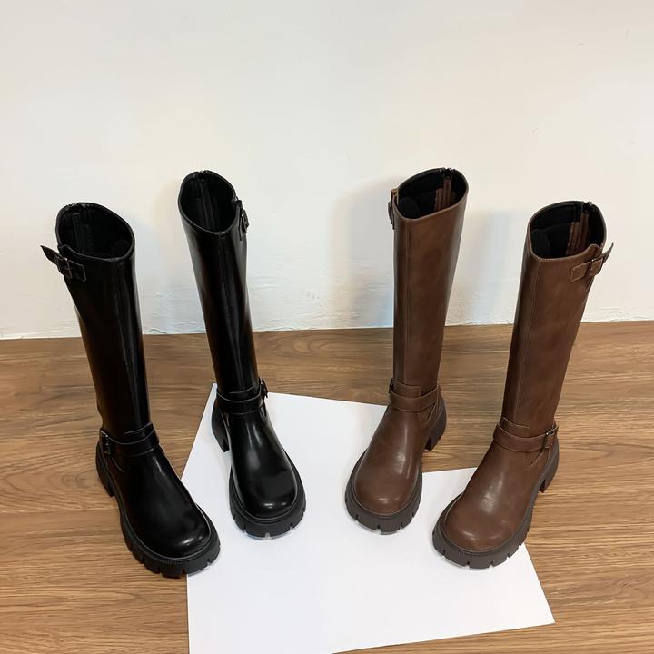 真皮2024秋冬季新款长筒靴西部骑士靴黑色厚底高筒马丁靴子女长靴