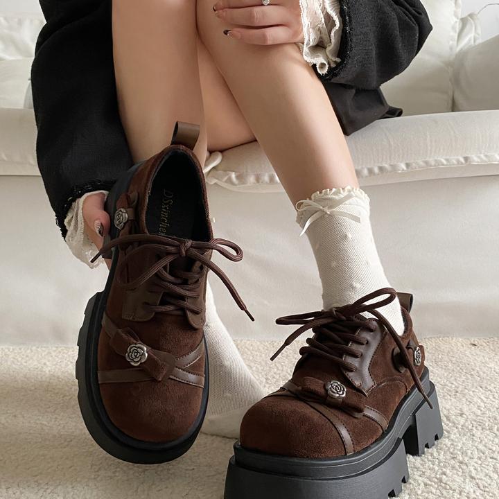 复古增高厚底圆头乐福鞋女2025秋冬新甜酷蝴蝶结系带单鞋加绒棉鞋