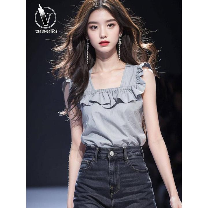 VALVOELITE夏季港味辣妹方领无袖背心衬衫女内搭外穿绝美小衫上衣