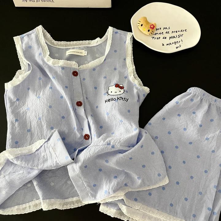 【波点kitty】可爱蕾丝花边带胸垫吊带睡衣女夏季套装可外穿家居服