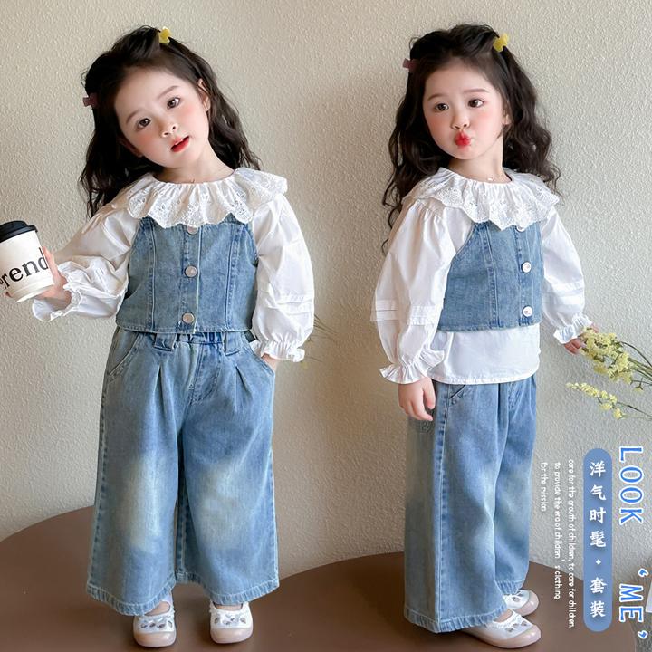 女宝花边吊带牛仔马甲牛仔裤三件套春装小女孩时髦甜酷风套装潮