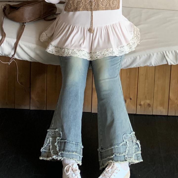 徐达布【波尔卡醺】大码蓝色水洗牛仔女微胖秋季微喇裤H36611C52