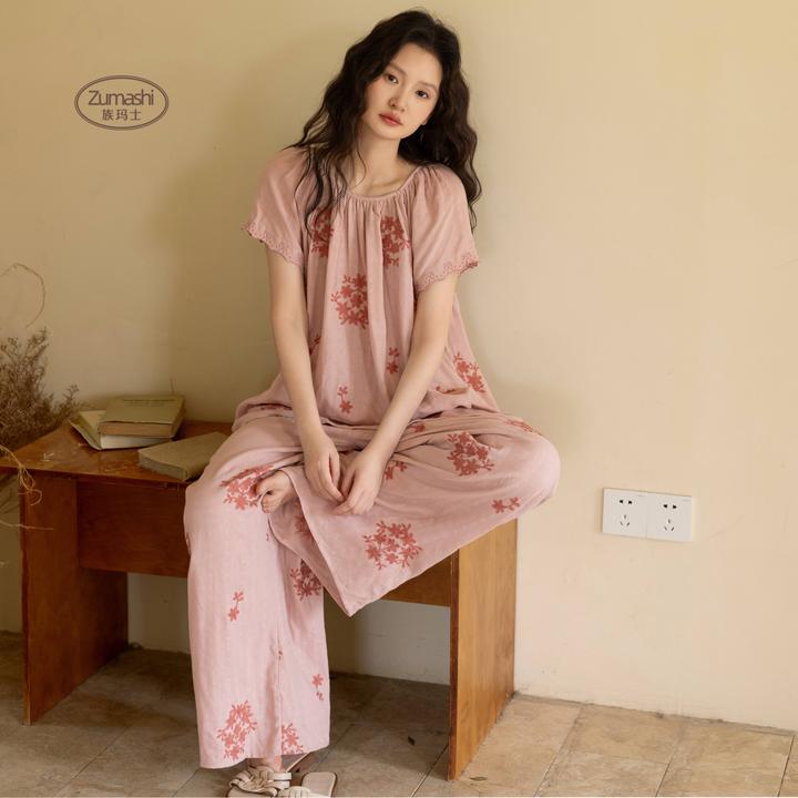 族玛士睡衣女2025新款夏季夏天凉感短袖长裤刺绣可外穿家居服套装