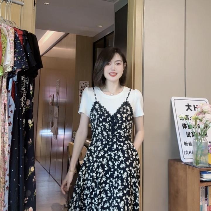 大H【花屿半夏】时尚假两件拼接收腰显瘦口袋清凉夏季杏碎花连衣裙